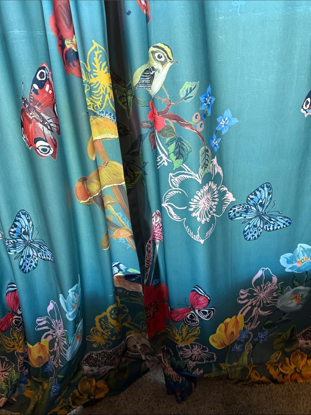 Anthropologie Teal Botanical & Multicolor Bird Print Drapes